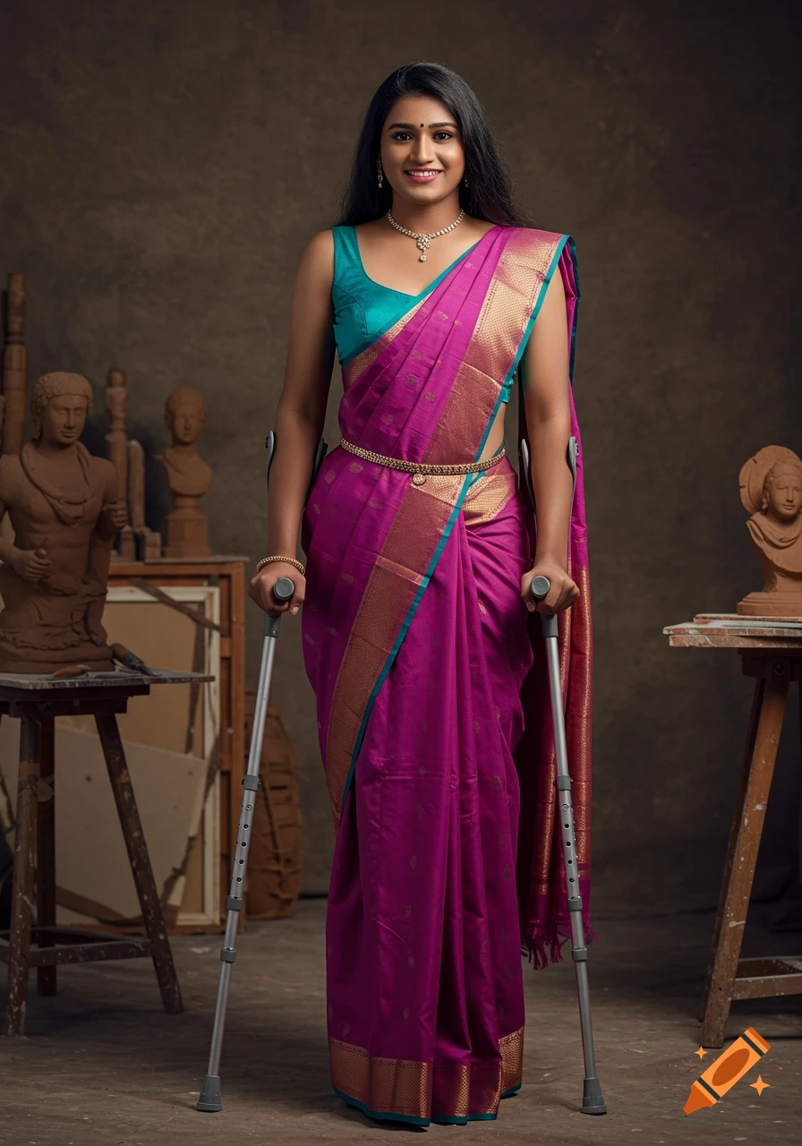 A smiling woman in a bright purple Kanchipuram silk saree with a teal blouse and gold jewelry, standing with crutches in a sculptor's studio. Photorealistic.
