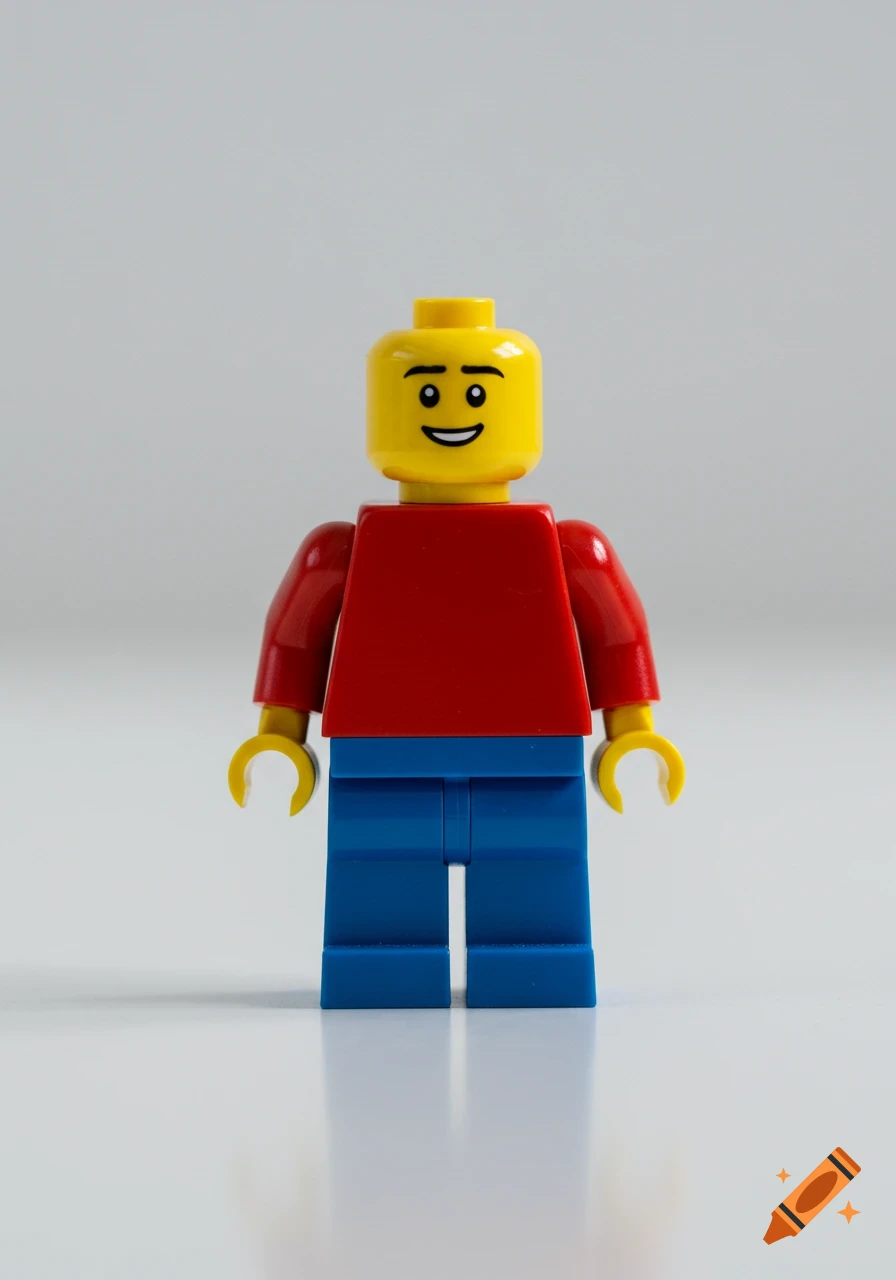 A yellow Lego minifigure with a red shirt and blue pants stands against a white background.