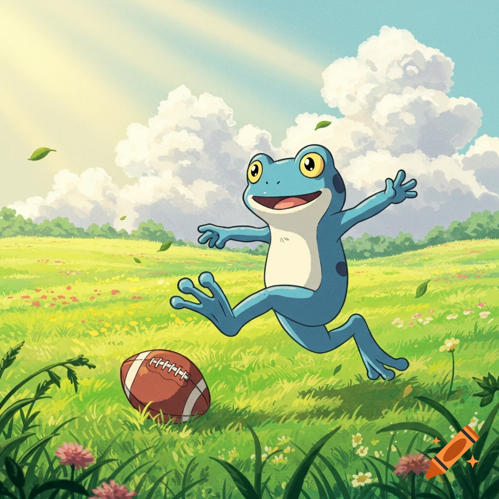 A happy blue cartoon frog runs with a football in a sunny green field, in a Ghibli art style.