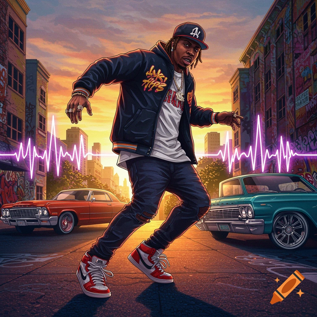 Stylized illustration of a man dancing on a city street at sunset, with classic cars, graffiti, and a neon soundwave.