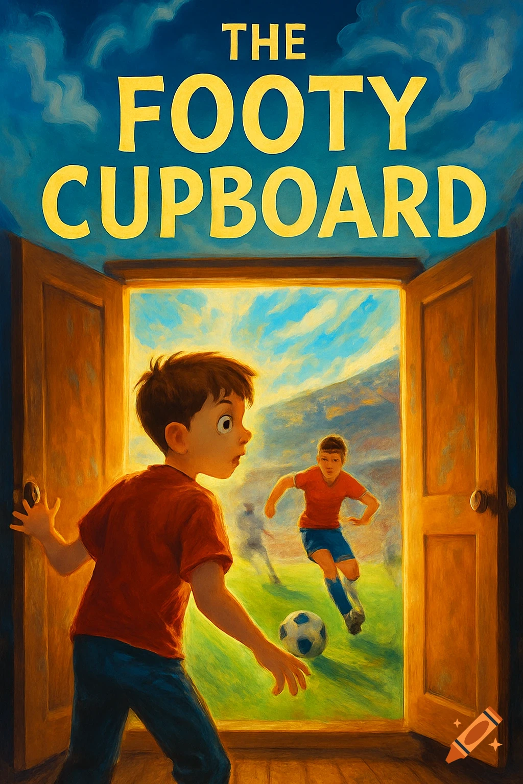 A cartoon boy peers into a glowing cupboard revealing a soccer field and player. Title: 'THE FOOTY CUPBOARD'. Illustrated book cover.