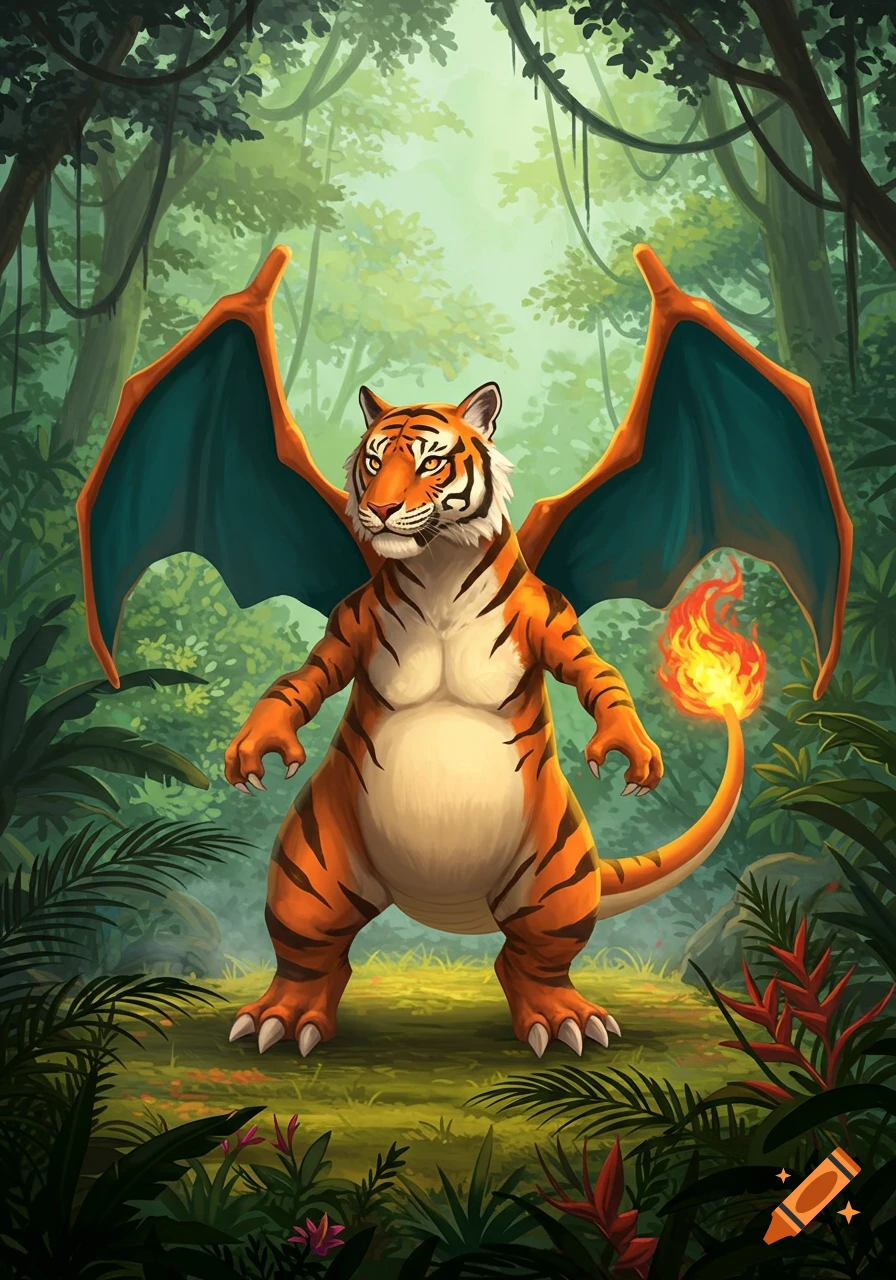 A tiger-Charizard hybrid with orange stripes, blue wings, and a flaming tail stands in a lush jungle.