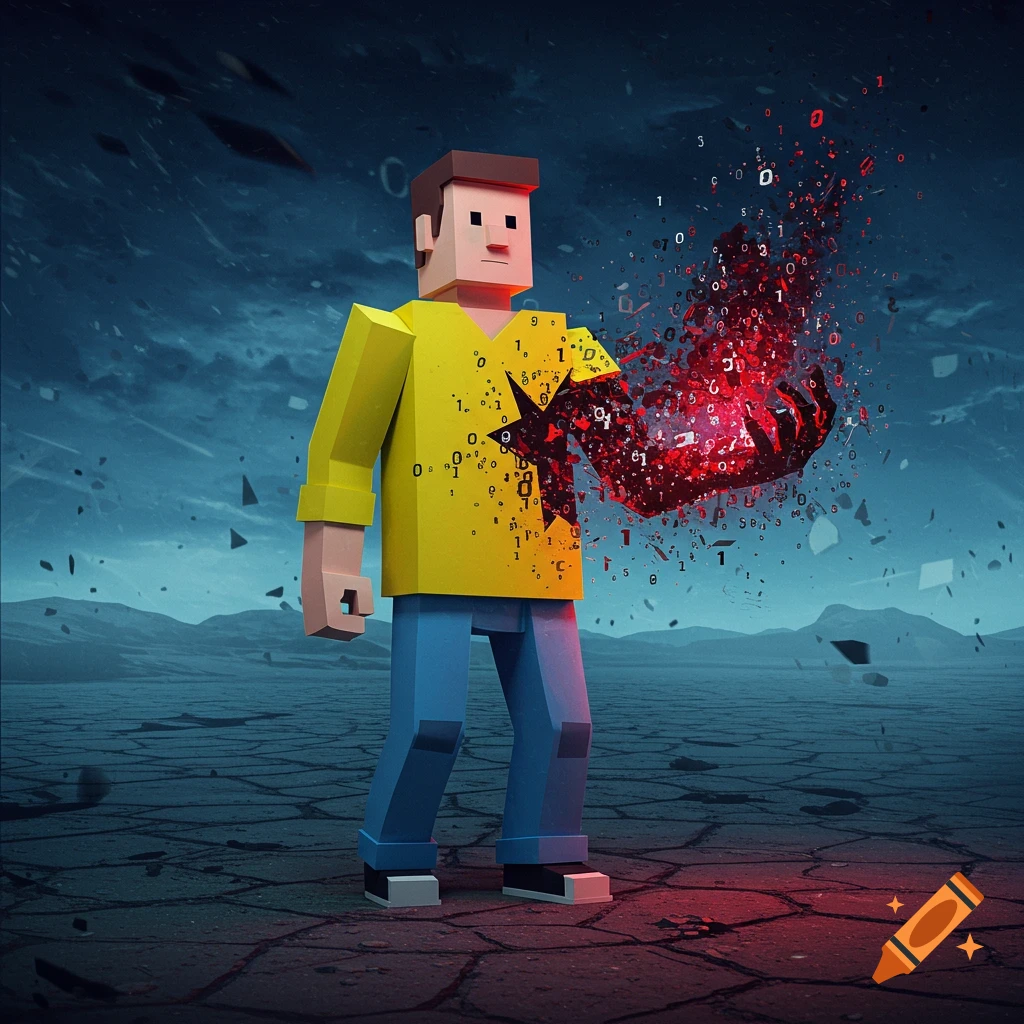 A blocky man in a yellow shirt and blue jeans stands on cracked ground, his right arm transforming into red data and numbers. Digital art style.