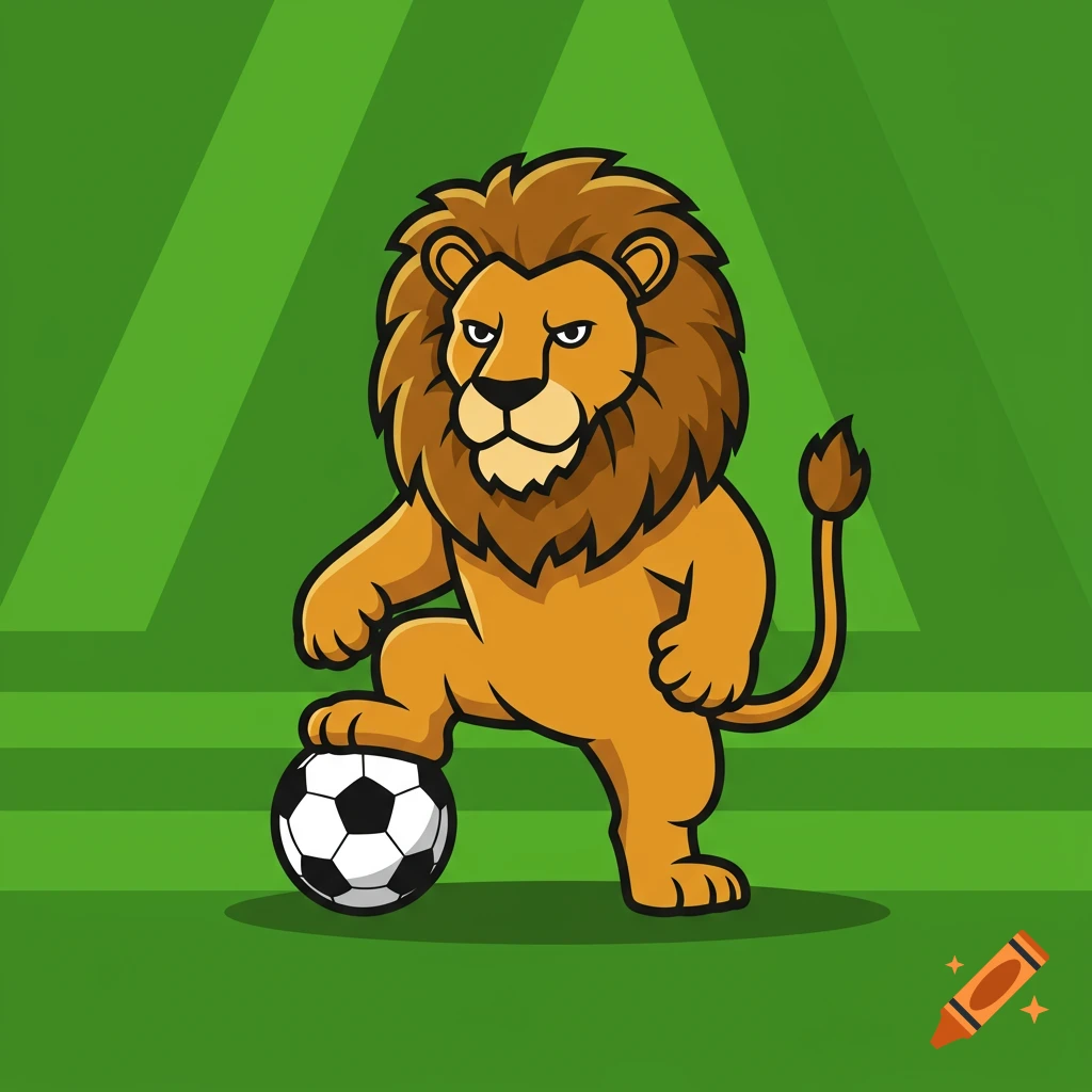 A cartoon lion with a brown mane stands on a green soccer field with one paw on a black and white soccer ball.