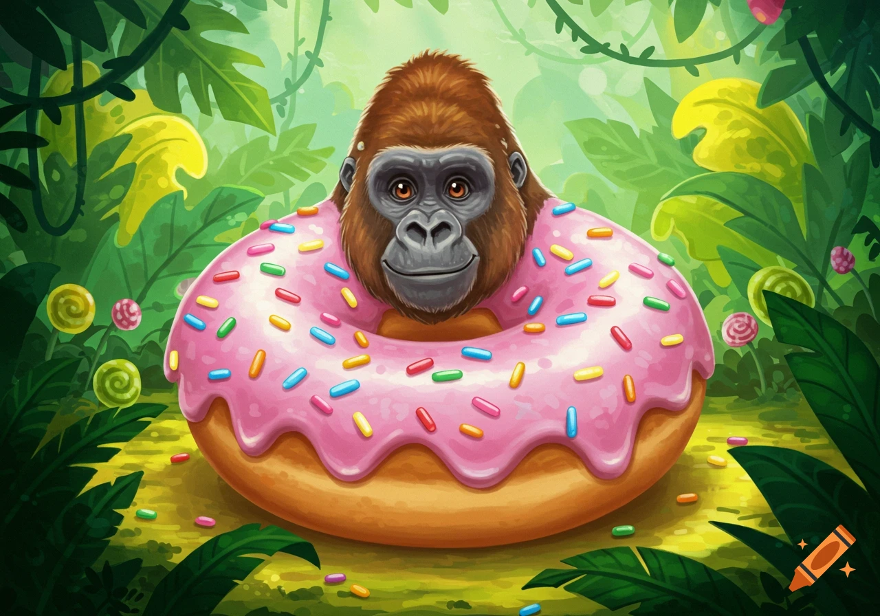 A cartoon gorilla's head peeking out of a large pink donut with sprinkles, in a vibrant jungle setting with lollipops.
