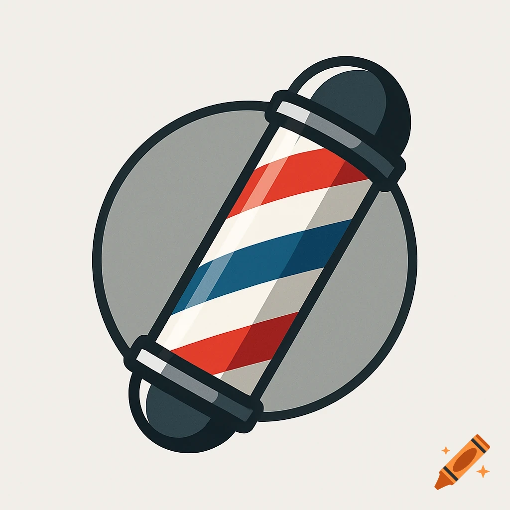 Illustration of a classic red, white, and blue striped barber pole icon on a gray circular background.