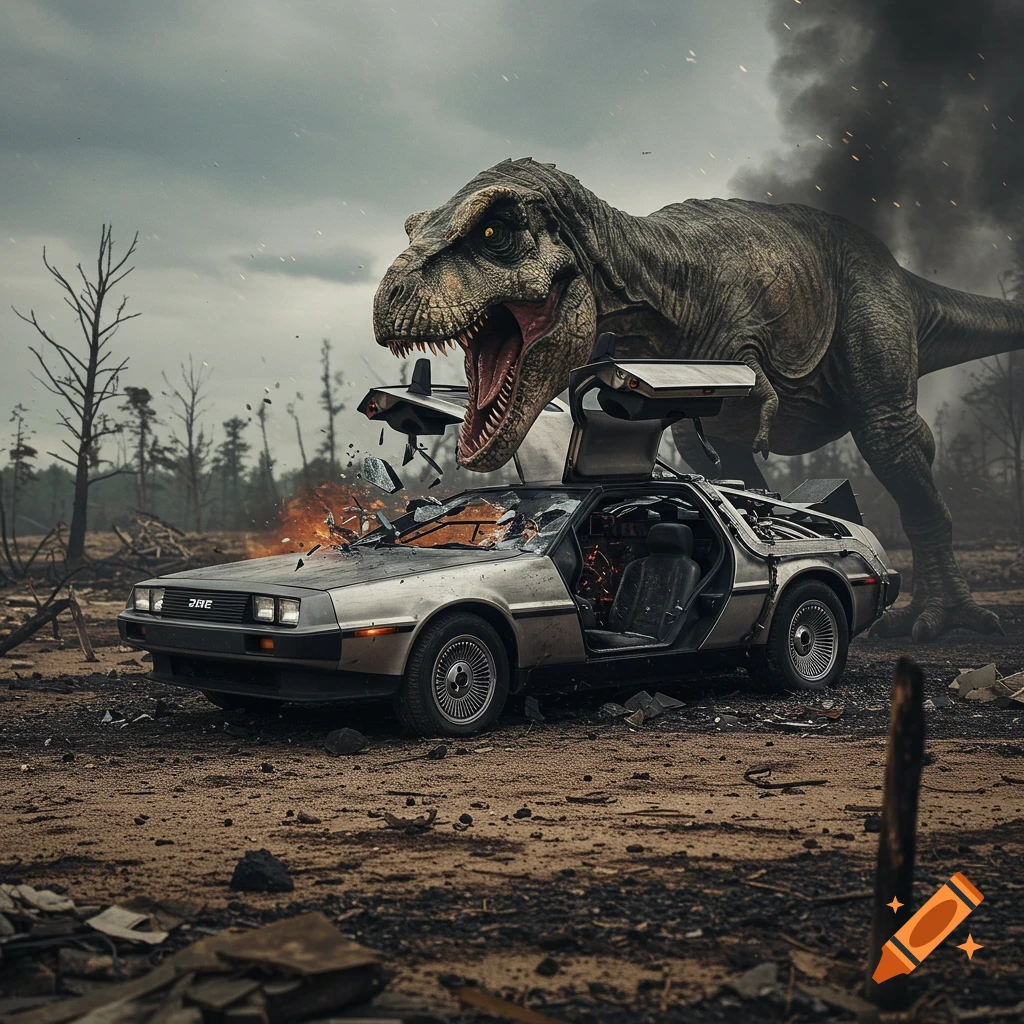 A photorealistic scene of a roaring Tyrannosaurus Rex destroying a silver DeLorean car in a desolate, smoky landscape.