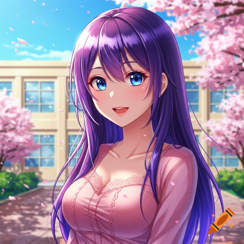An anime school girl with long purple hair, blue eyes, and a pink top, smiling in front of a school building with cherry blossoms.