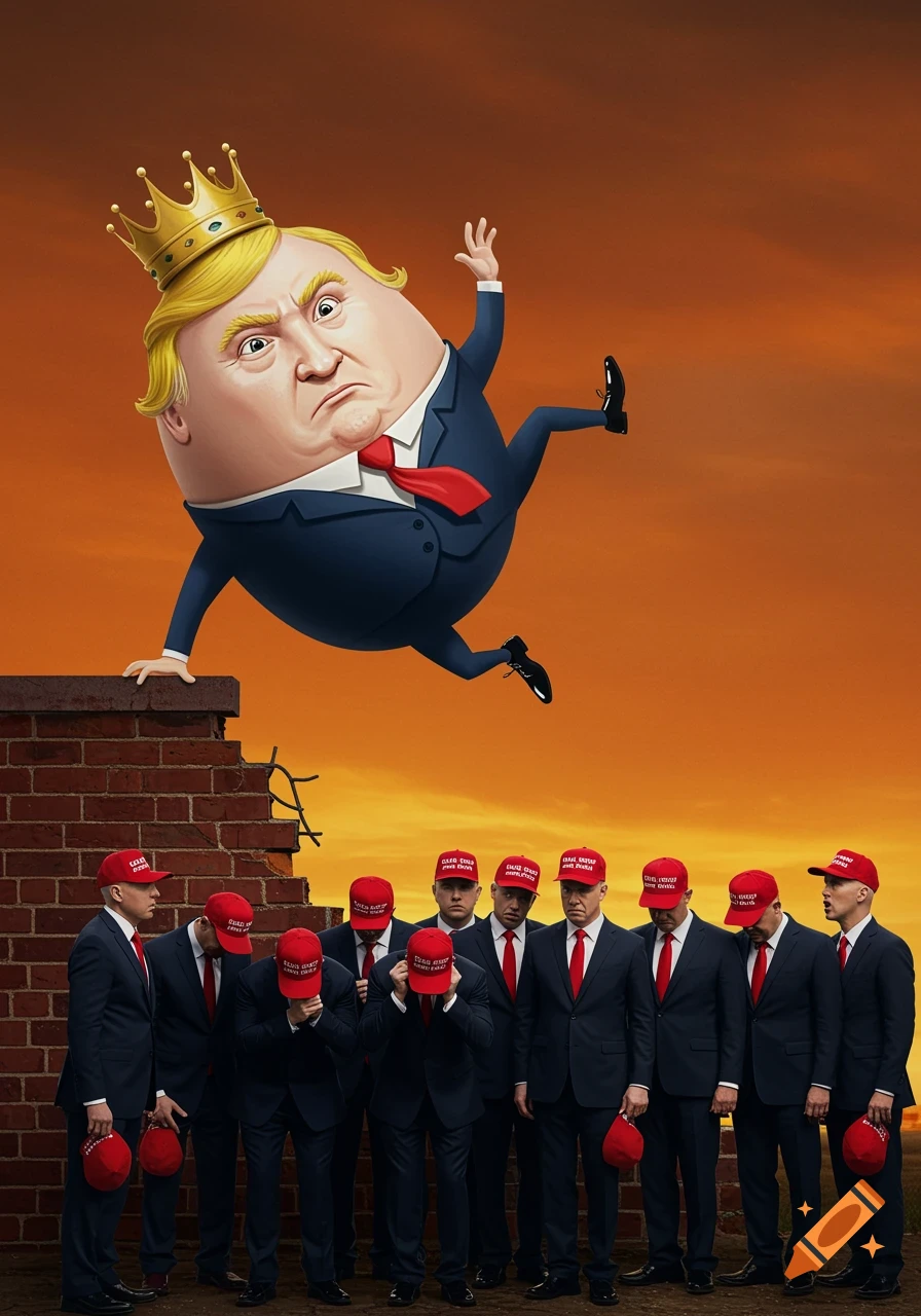 Satirical illustration of a Trump caricature as Humpty Dumpty falling from a wall, observed by men in red hats.