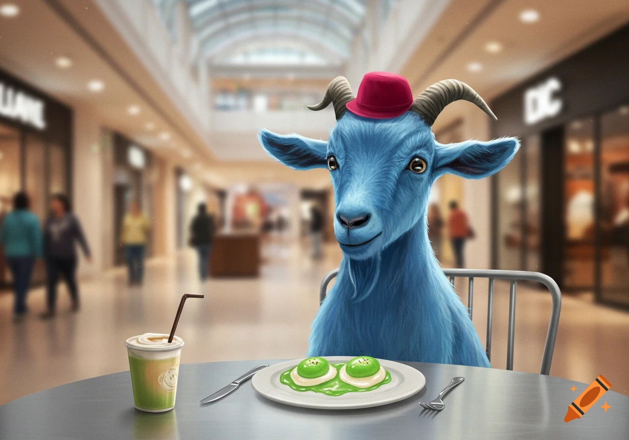 A blue goat in a red hat sits at a table in a mall, eating green eggs and ham with a drink.