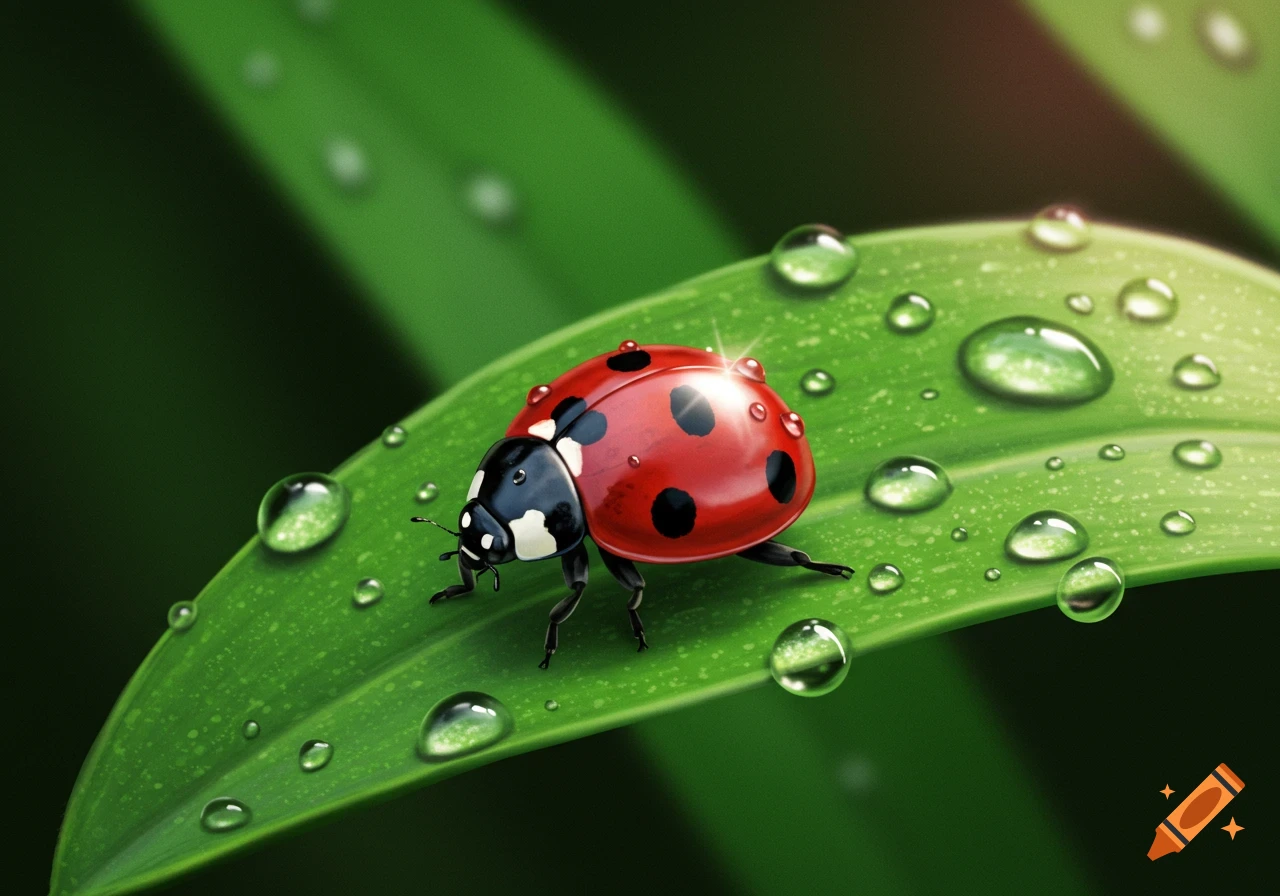 A detailed illustration of a red ladybug with black spots on a green leaf covered in sparkling dew drops.