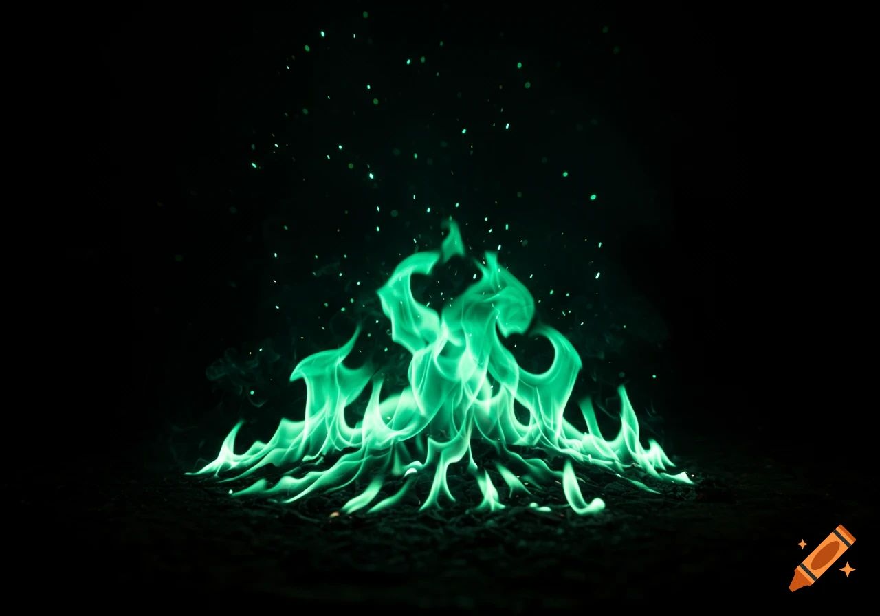 Vibrant green fire burns low on a dark surface, with glowing embers and sparks rising into the black background.