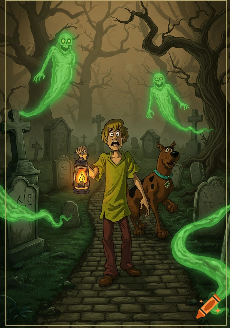 Shaggy and Scooby-Doo look scared in a spooky graveyard, with Shaggy holding a lit lantern, as two glowing green ghosts float around them. Bare trees and tombstones fill the dark, eerie background.