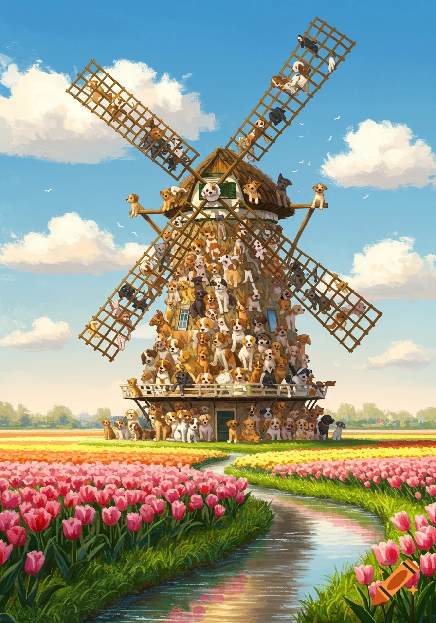 Whimsical illustration of a Dutch windmill made of many puppies, standing in a vibrant field of pink tulips with a river.