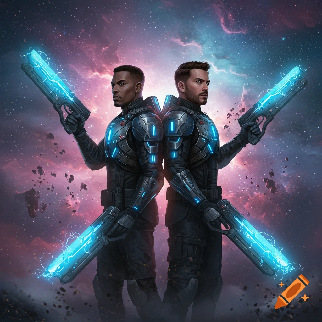 Two men in futuristic black and blue armored suits stand back to back, holding glowing energy weapons against a vibrant cosmic nebula background.