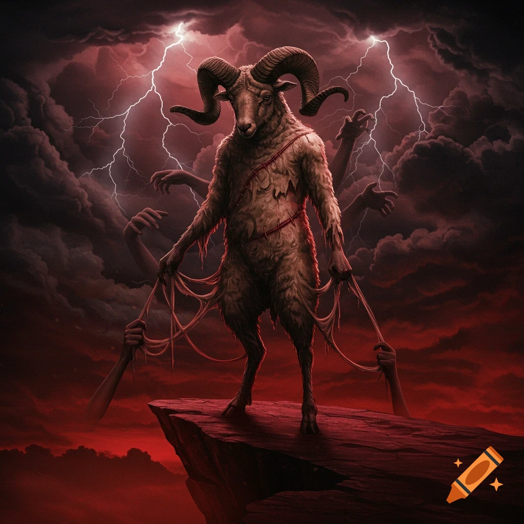 A tormented humanoid ram-like creature stands on a cliff under a stormy red sky with lightning, holding torn fur as shadowy hands pull at it.