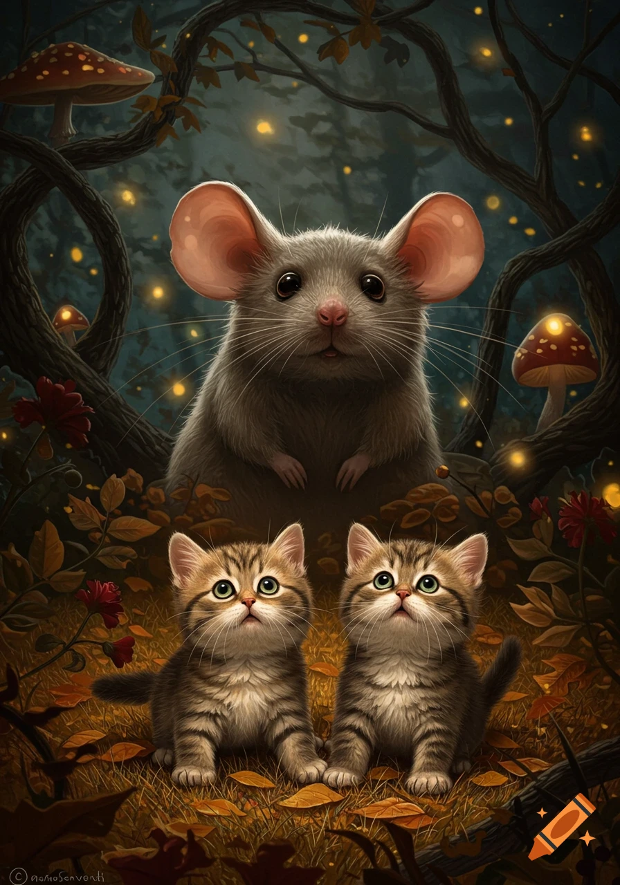 A large grey mouse watches two tiny tabby kittens in a whimsical, dark forest with glowing mushrooms and fireflies, digital art.