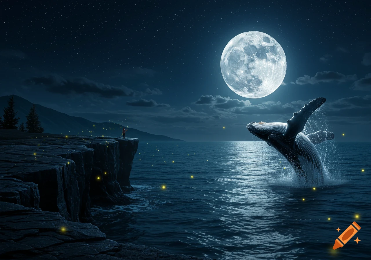 A giant whale leaps from a moonlit ocean near a cliff with a person and glowing fireflies under a starry night sky.