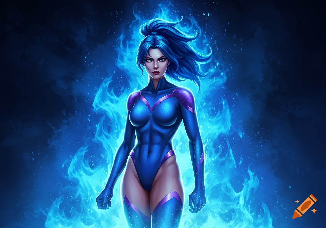 A female superhero with blue hair in a high ponytail, wearing a blue and purple one-piece suit, on a blue fiery background.