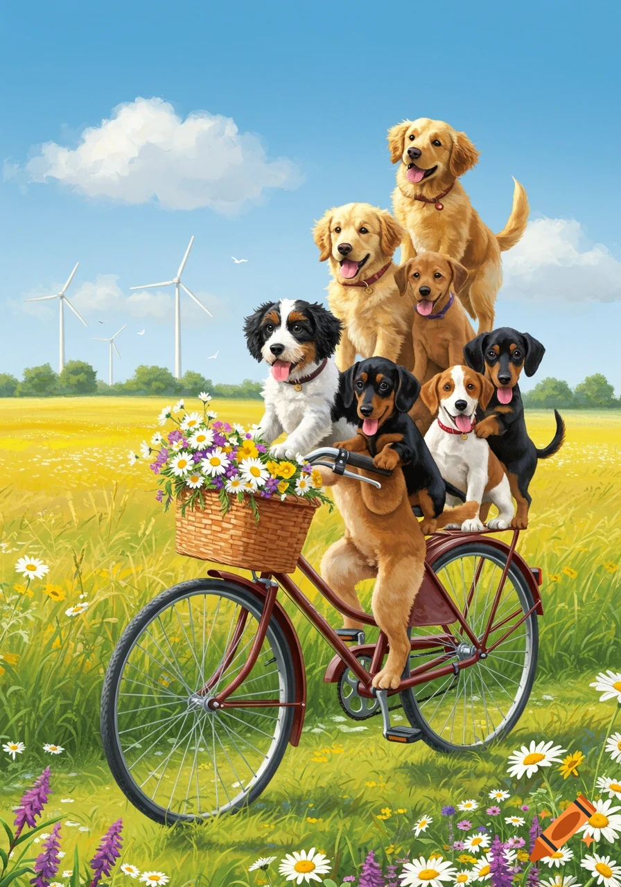 Illustration of several cute puppies riding a bicycle in a sunny field with wildflowers and wind turbines.