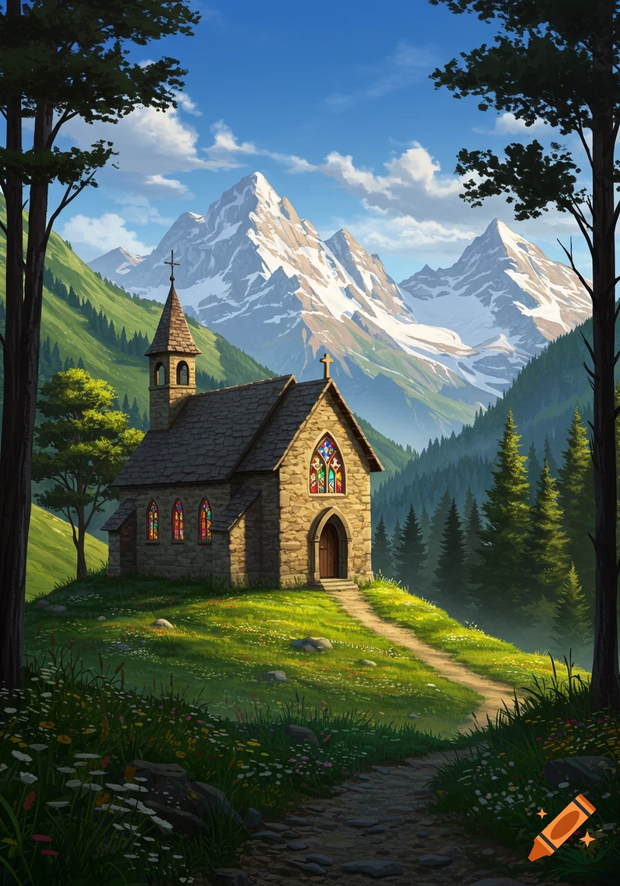 An illustrated stone church with stained glass windows on a grassy hill, surrounded by trees, with snow-capped mountains and a blue sky in the background.