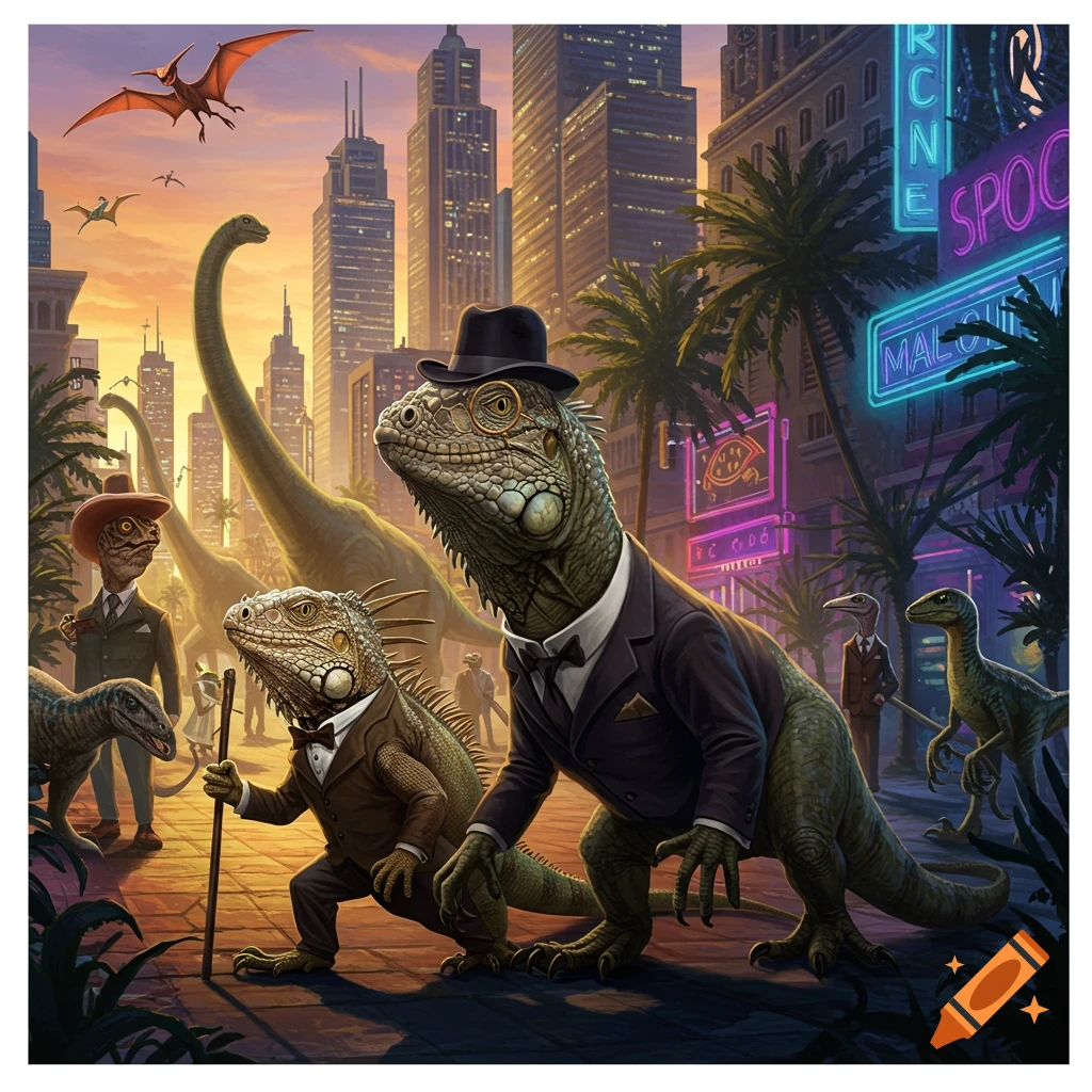 Anthropomorphic dinosaurs and reptiles in suits walk a city street at sunset, with tall buildings and neon signs.
