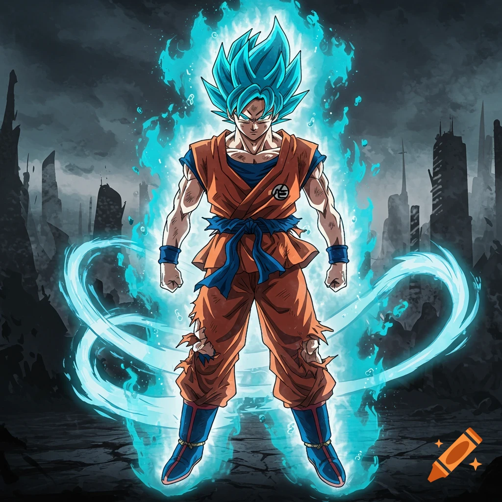 Goku in Super Saiyan Blue form, surrounded by a radiant blue aura, stands powerfully in a destroyed city, in anime style.