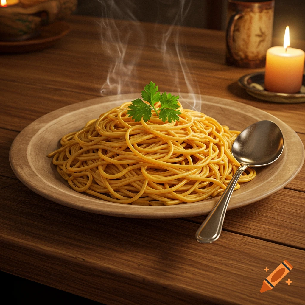 A steaming plate of spaghetti with a sprig of parsley and a spoon on a wooden table, lit by a candle.