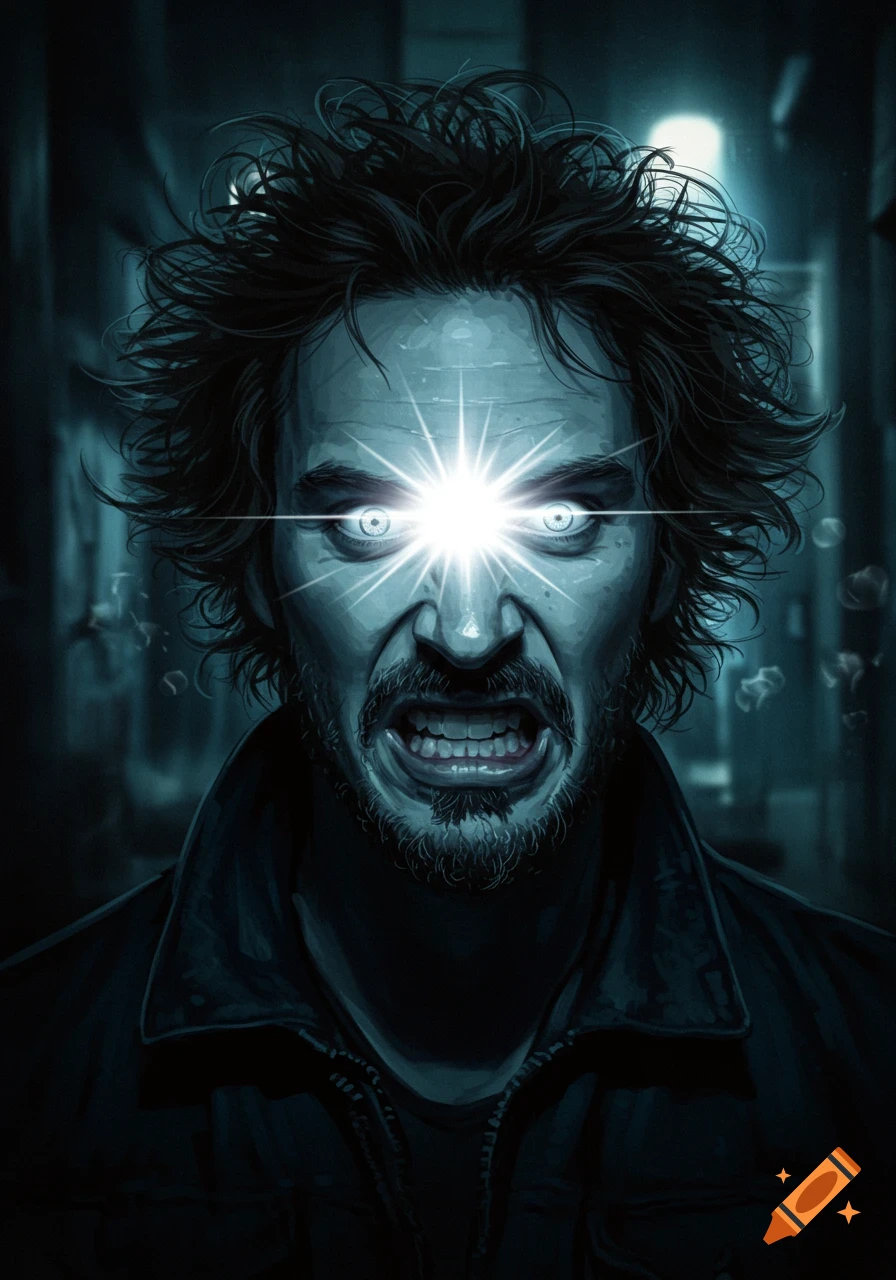 Close-up portrait of a man with glowing white eyes, dark messy hair, and an open, manic grin, against a dark, blurry background.