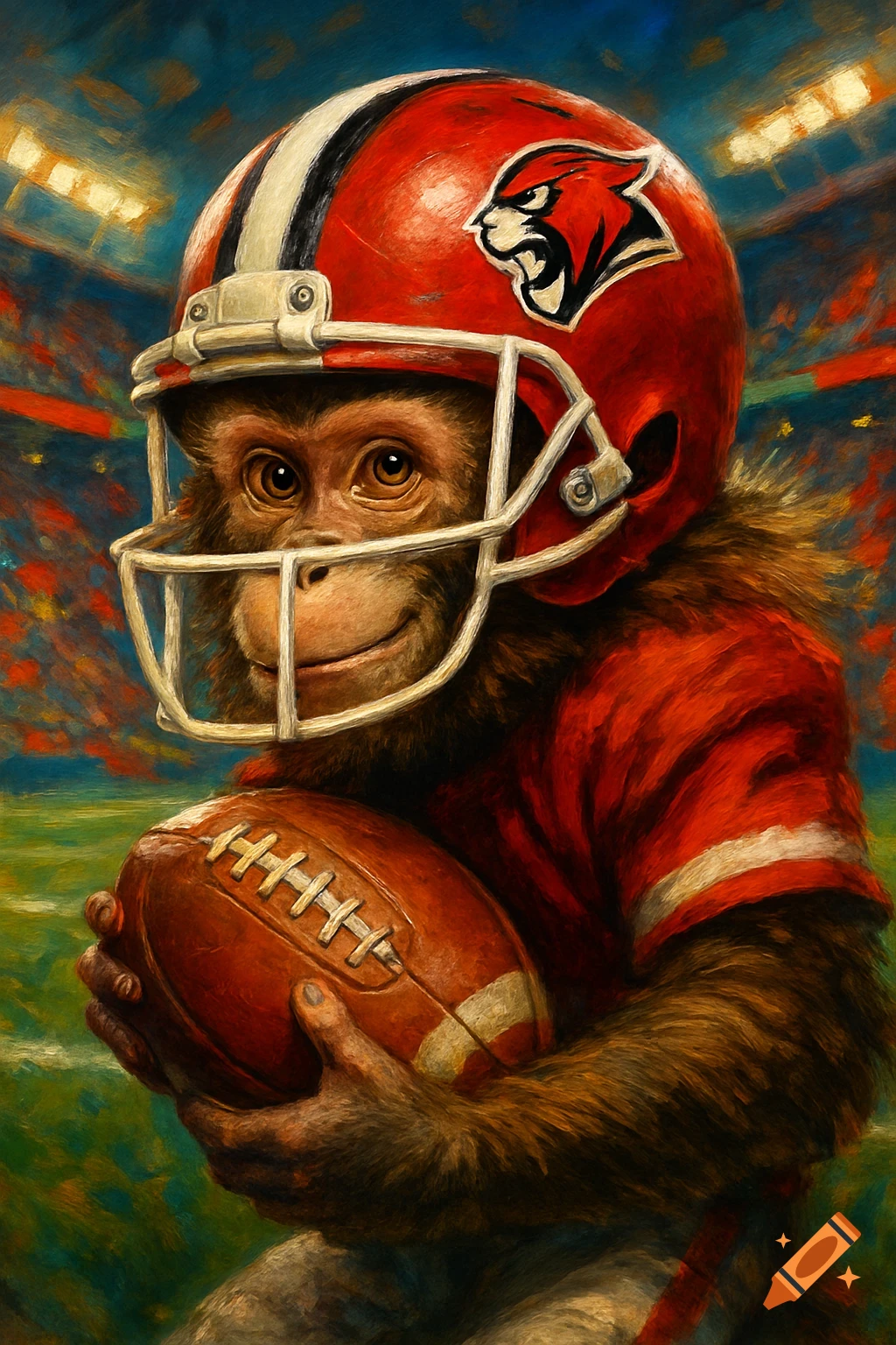 A monkey wearing a red American football helmet and jersey, holding a football on a field, in digital art style.