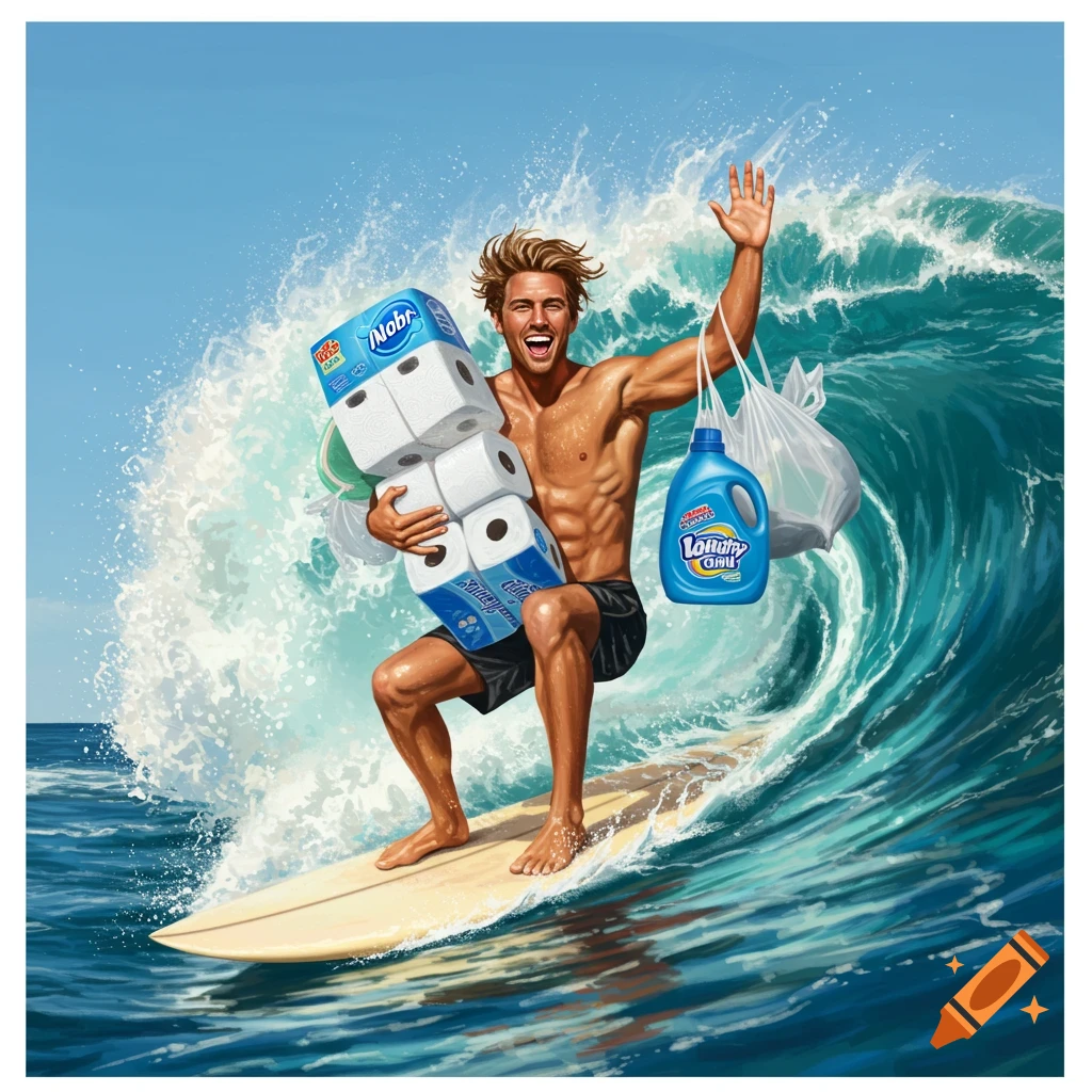 Muscular man surfing a wave, happily holding toilet paper, laundry detergent, and plastic bags in a vibrant illustration style.