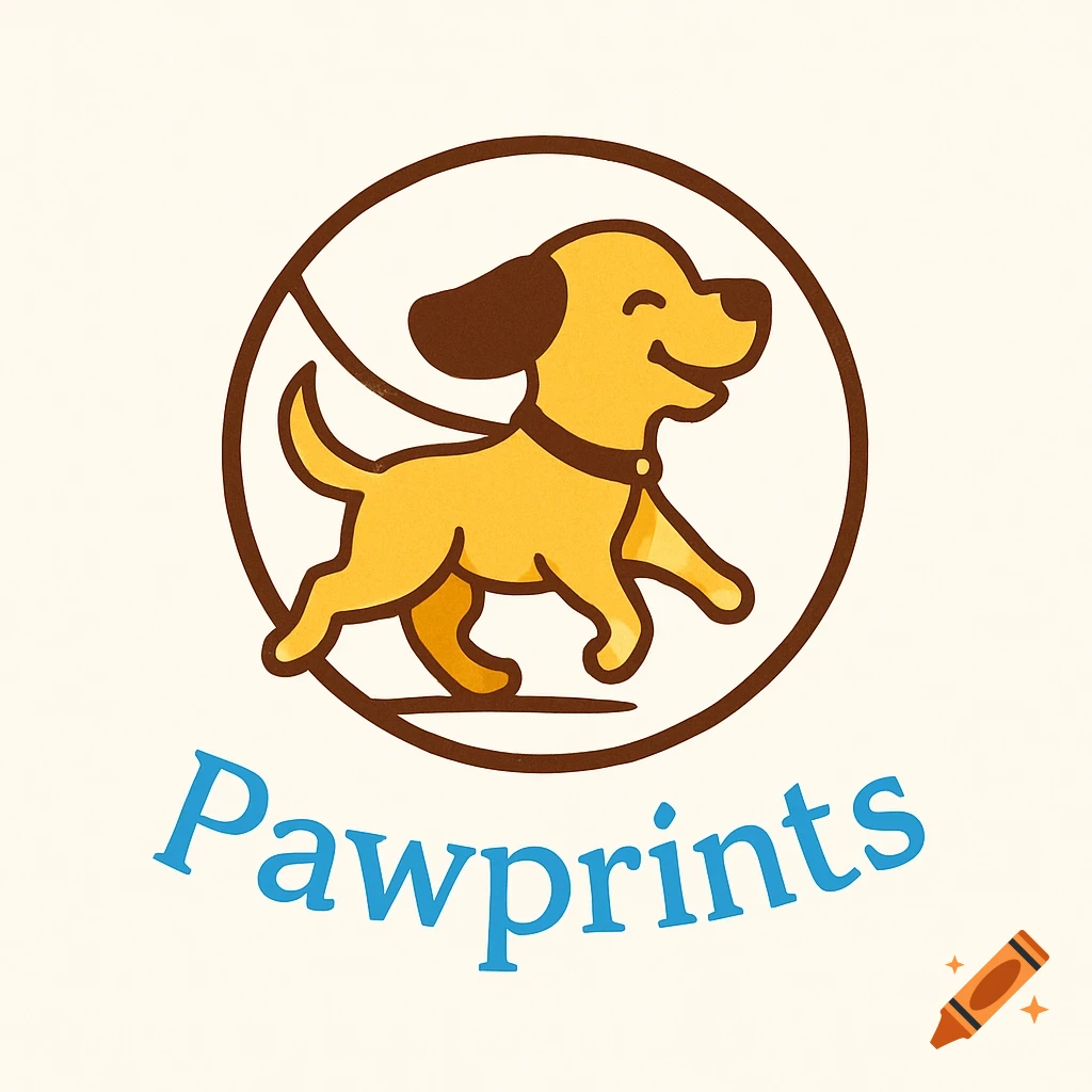 Cartoon logo of a happy golden-brown dog walking inside a brown circle, with blue 'Pawprints' text below.