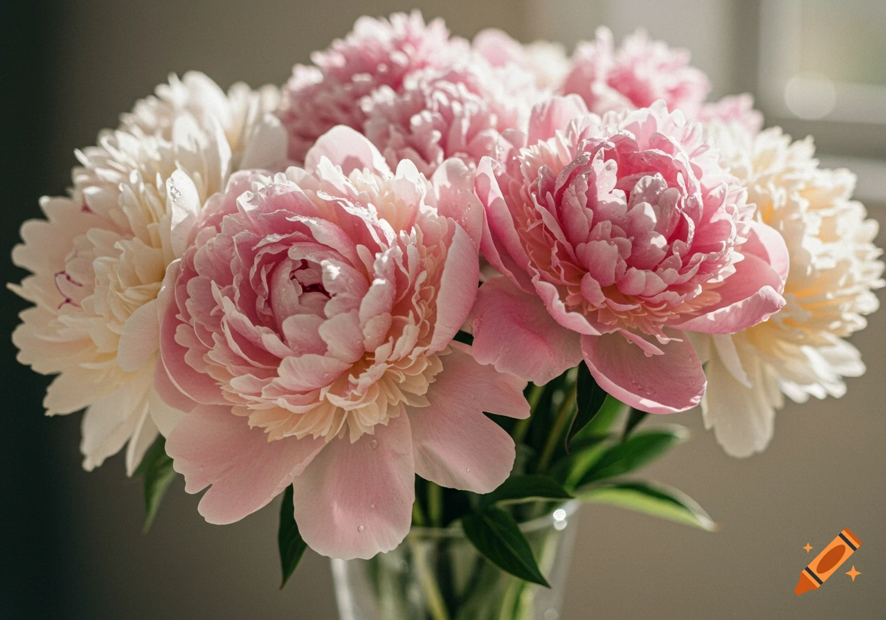 Photorealistic closeup of a bouquet of pink and white peonies with dew drops in a glass vase, lit by natural sunlight.