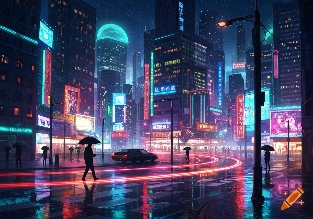 A rainy cyberpunk city street at night, illuminated by vibrant neon signs and reflections on the wet pavement. Pedestrians with umbrellas walk past a car leaving light trails.