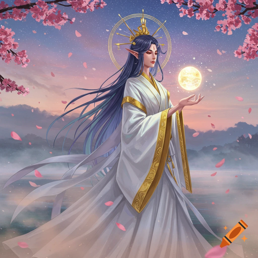 A graceful fantasy woman with long blue hair and pointed ears, holding a glowing moon, amidst cherry blossoms under a twilight sky.