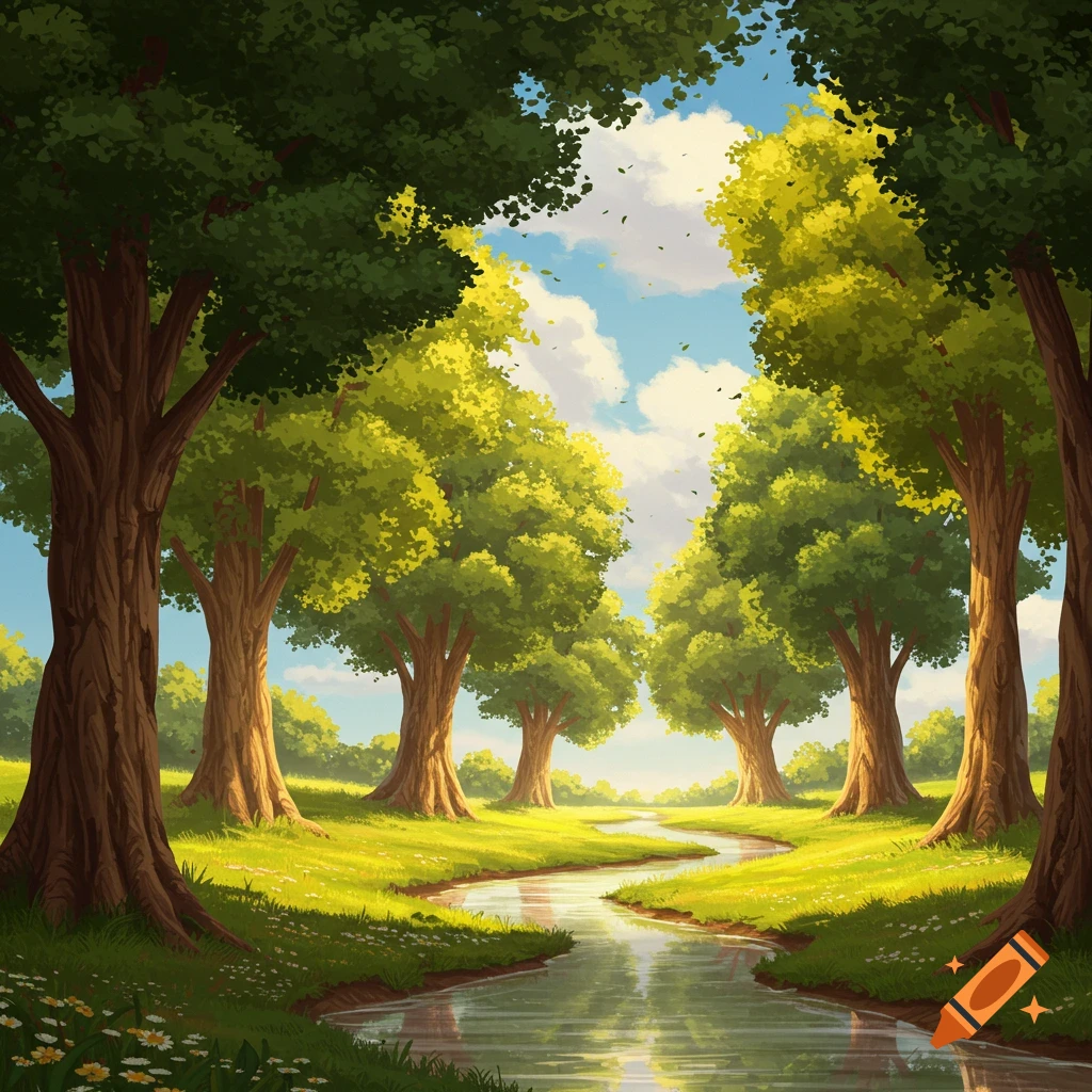Vibrant illustration of a winding river flowing through a sunlit forest, framed by tall trees under a bright blue sky.