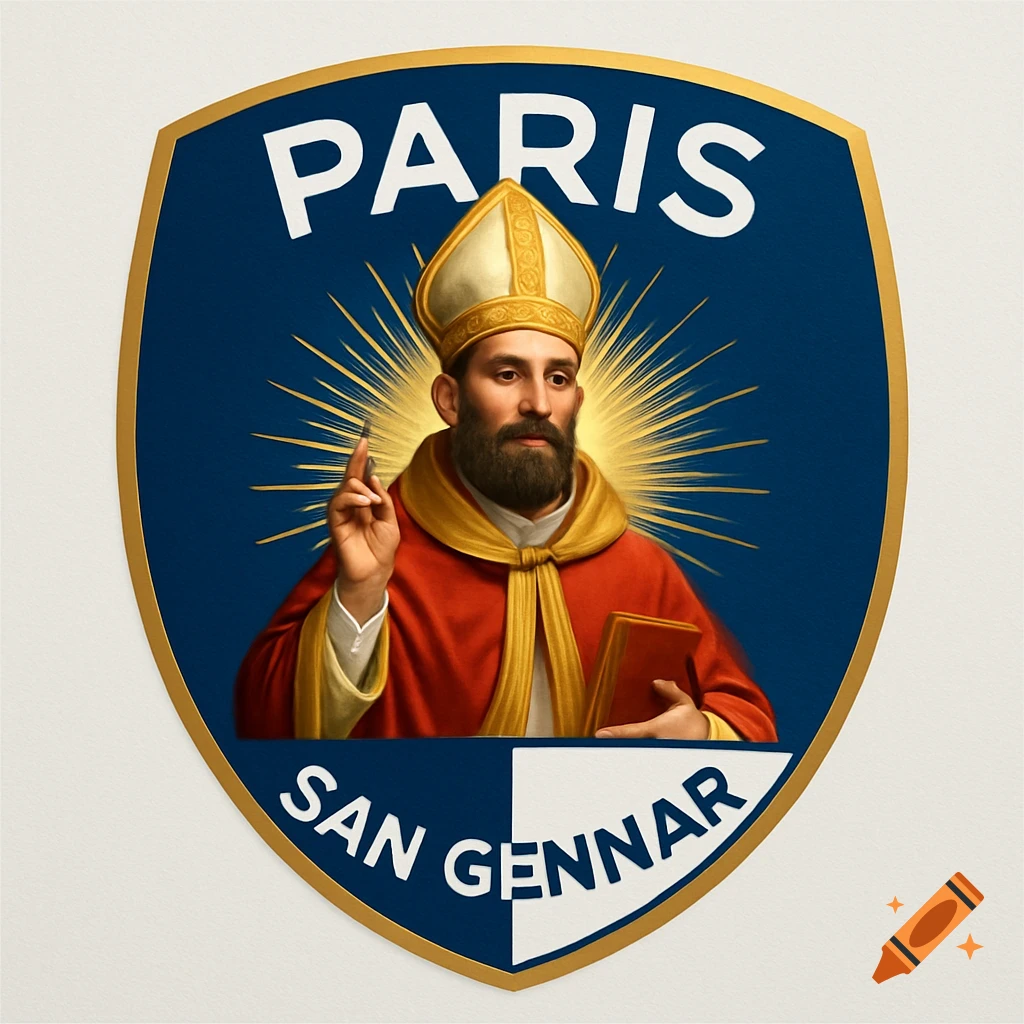 Modern football logo with a photorealistic San Gennaro on a blue and white shield, 'PARIS' above and 'SAN GENNAR' below.