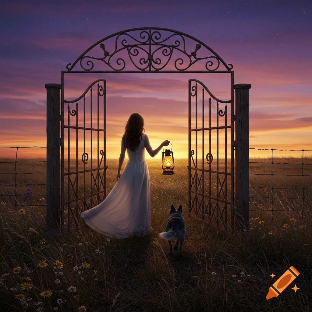 Woman in white dress with lantern and dog walks through an open ornate gate into a prairie at sunset.