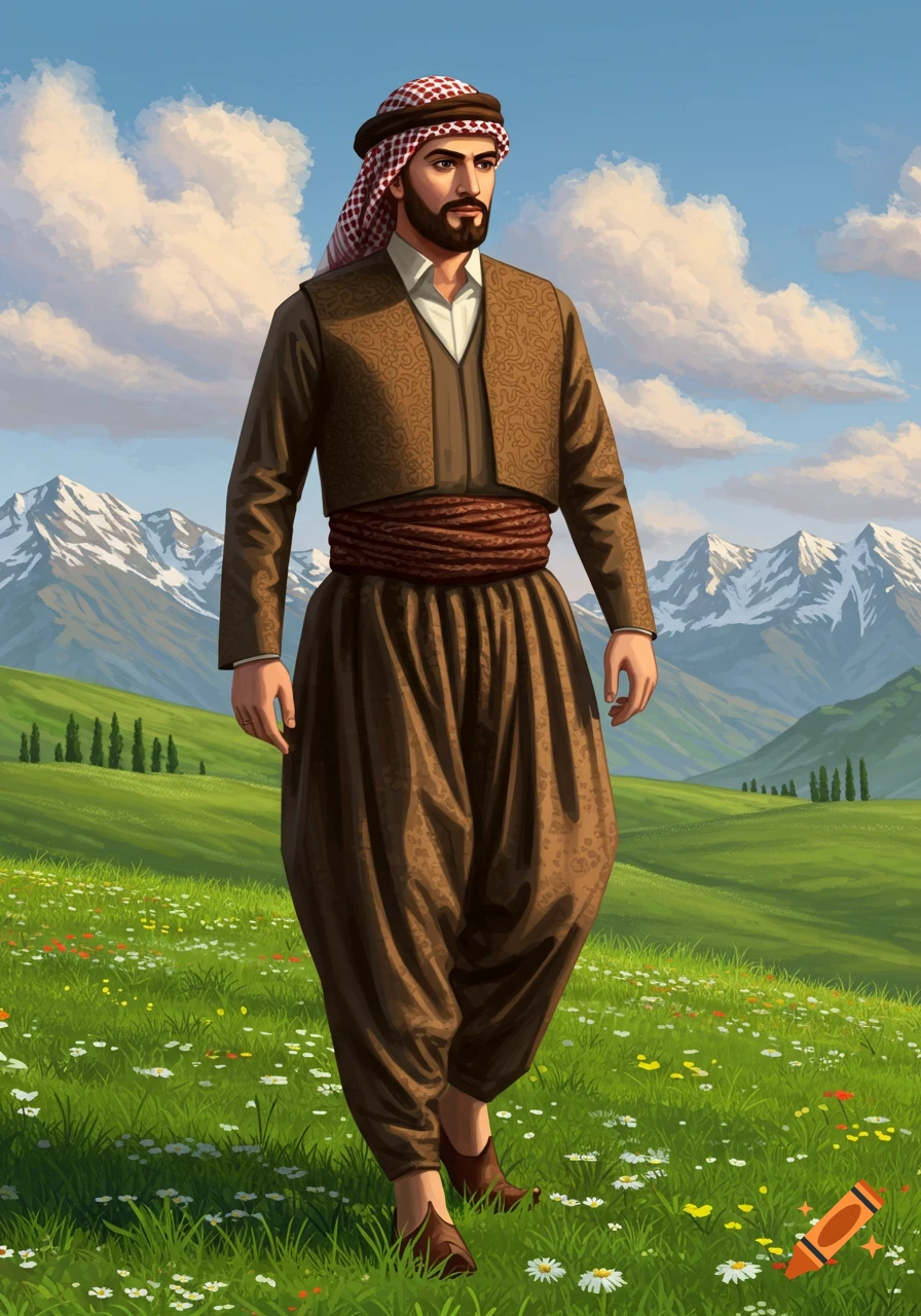 A man in traditional Kurdish attire, including a checkered keffiyeh and brown baggy pants, walks through a vibrant green meadow with wildflowers, against a backdrop of snow-capped mountains and a blue sky with white clouds.