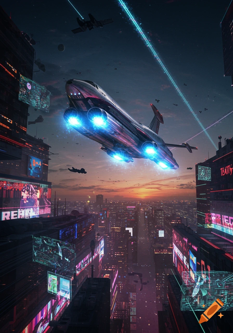 A retro-futuristic spaceship with glowing engines flies over a neon-lit cyberpunk city at sunset, with holographic displays.