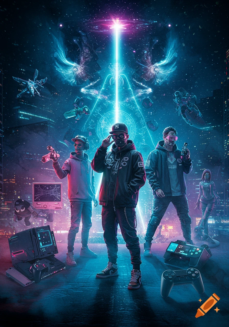 A futuristic cyberpunk scene with three masked figures in streetwear, surrounded by glowing tech, gaming controllers, and a central neon beam in a dark city.