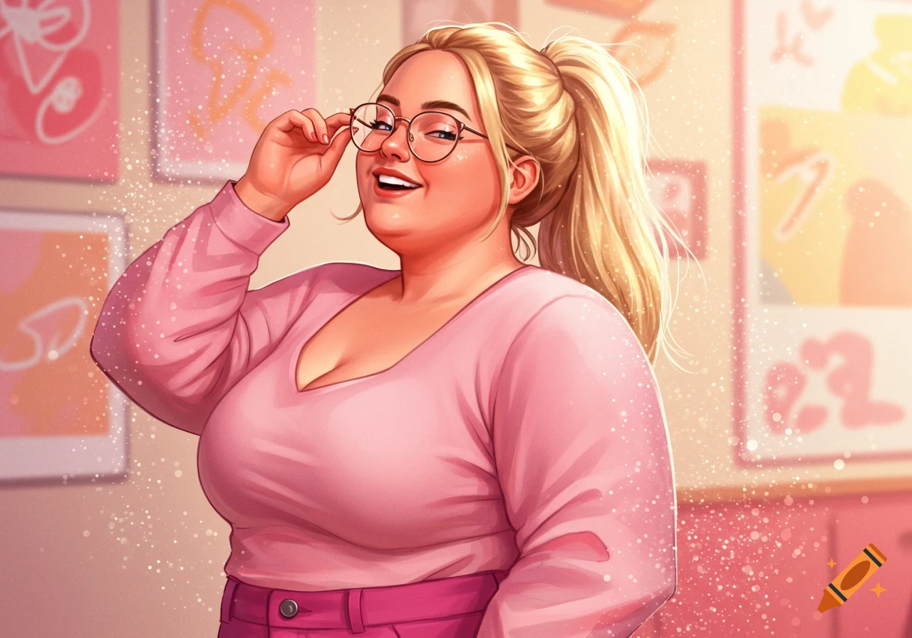 Smiling blonde woman with a ponytail and glasses, wearing a pink top, in a bright, sparkling illustration.