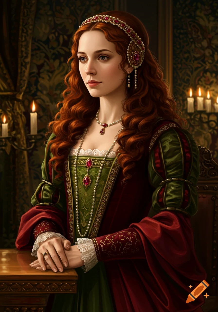 A detailed painting of a red-haired woman in rich red and green Renaissance dress, adorned with pearls, seated at a wooden table.