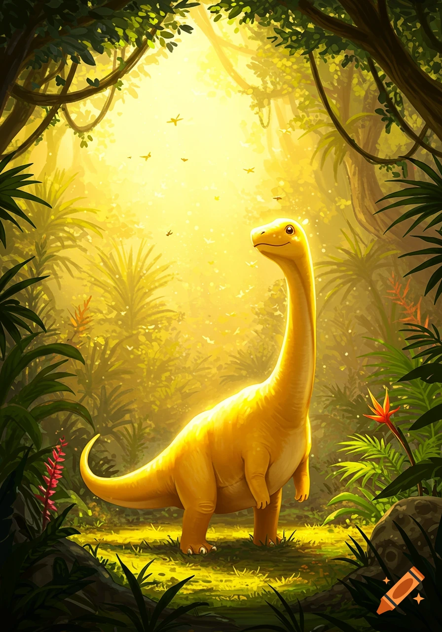 A smiling yellow dinosaur with a long neck stands in a lush, sunlit jungle, surrounded by dense green foliage.