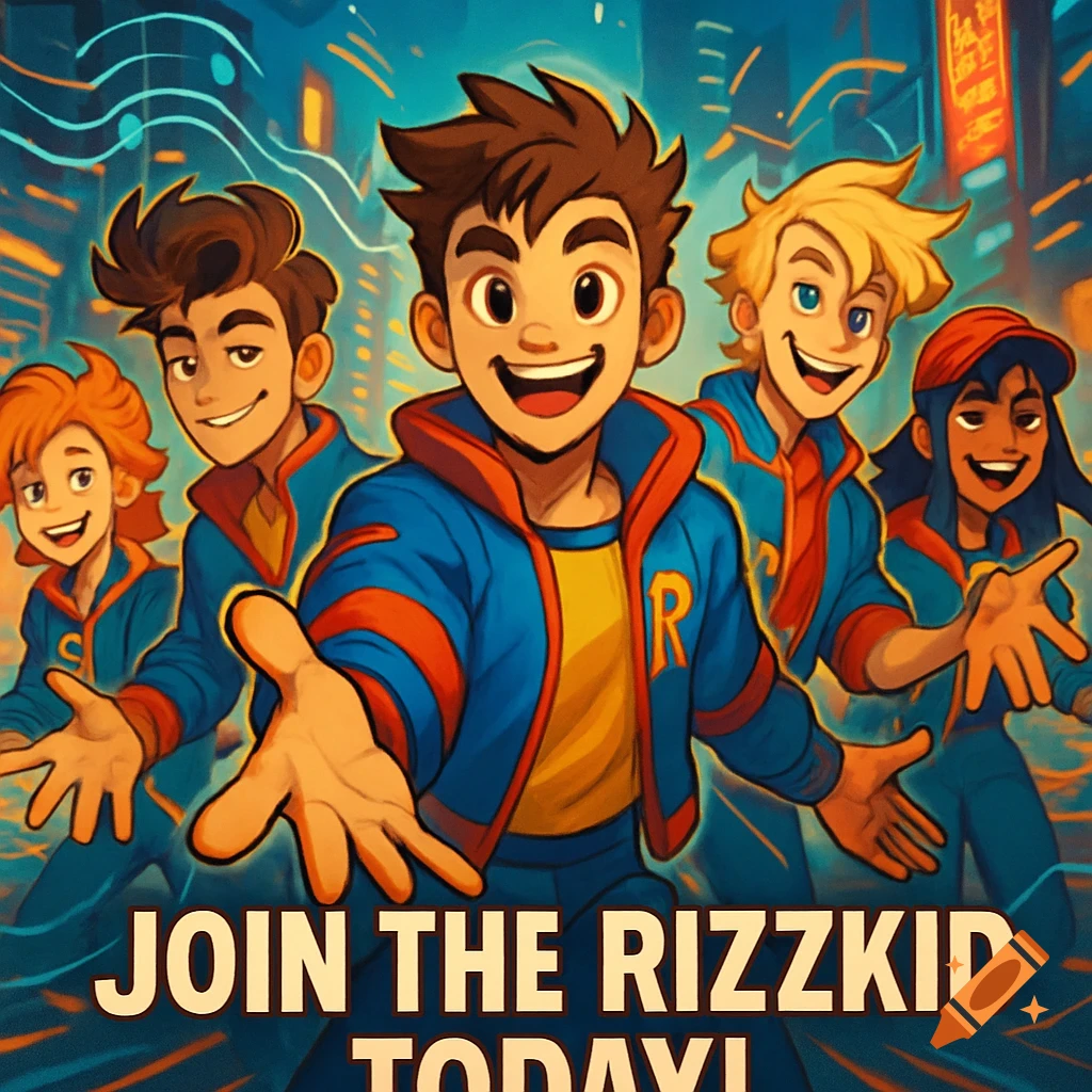Five smiling, cartoon-style young people in blue and red jackets gesture forward against a stylized city background with the text 'JOIN THE RIZZKID TODAY!'.