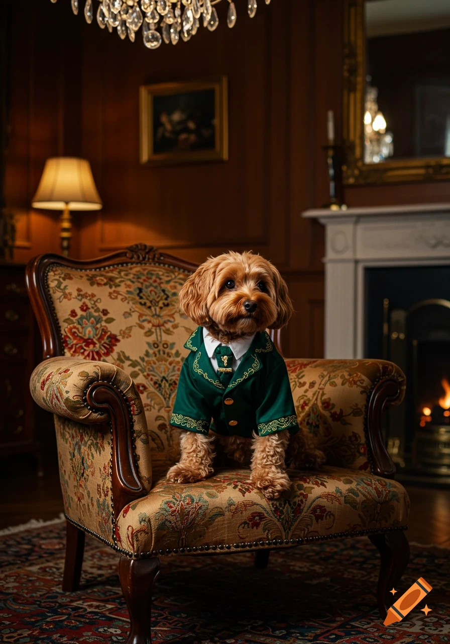 An apricot Cavapoo in a green suit sits on an ornate armchair in a luxurious, dimly lit room with a fireplace and chandelier.