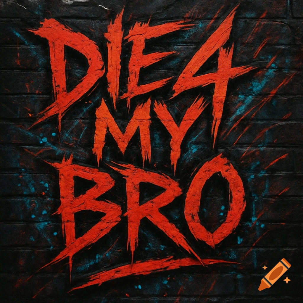 Red graffiti text 'DIE 4 MY BRO' on a dark, textured brick wall with blue paint splatters, in a punk art style.