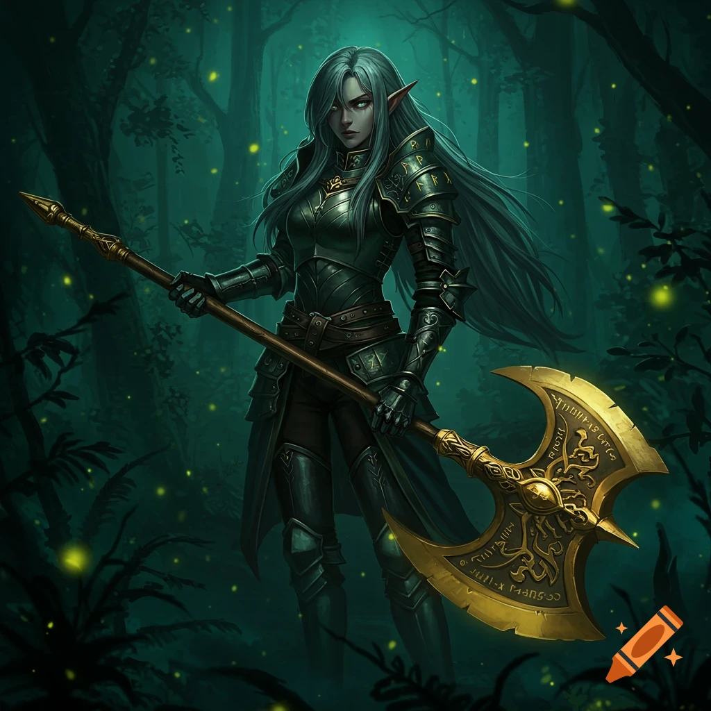 Anime-style elf warrior in dark armor holds an ornate golden axe in a mystical, shadowy forest with fireflies.