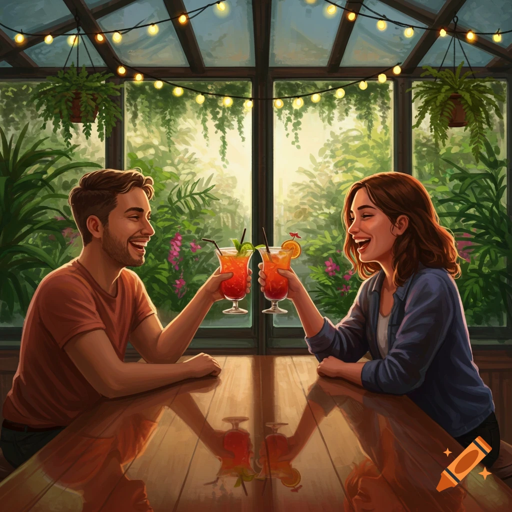 Illustrated image of a smiling man and woman toasting with drinks in a plant-filled conservatory with string lights.