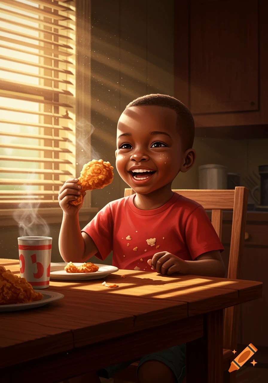 A smiling young Black boy with a short haircut sits at a sunny kitchen table, holding a piece of fried chicken, with crumbs on his red shirt.
